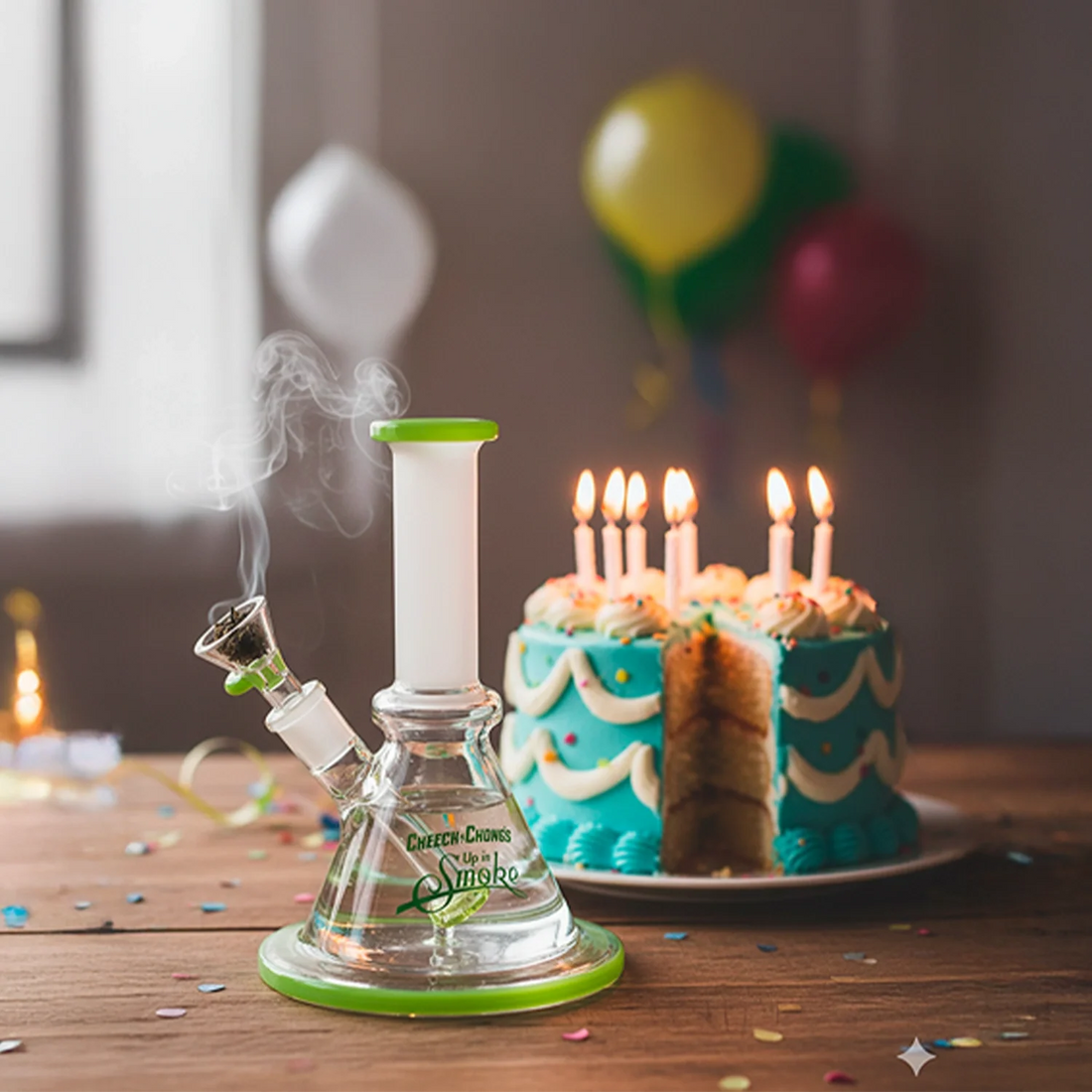 Three-quarter front view of the Cheech & Chong "Pedro" Mini Beaker Bong on a wooden table with birthday cake and lit candles blurred in the background.