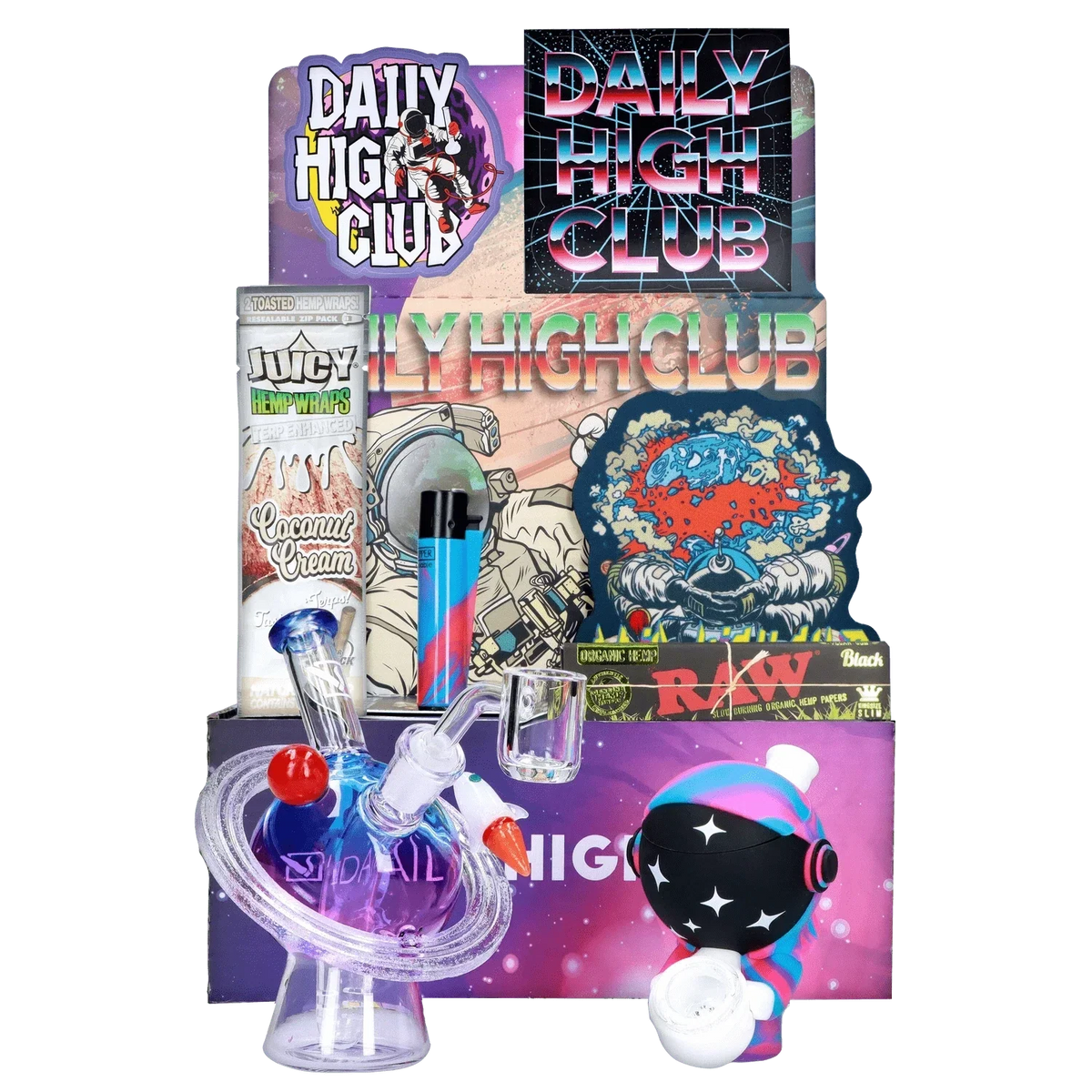 Front-facing display of the "Blast Off" Smoking Box showing colorful Daily High Club branding, a space-themed glass piece and accessories.