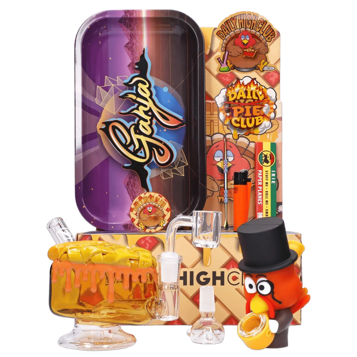 A vibrant studio shot of the “Give Danks” Smoking Box, featuring a colorful graphic design and a playful illustrated character.
