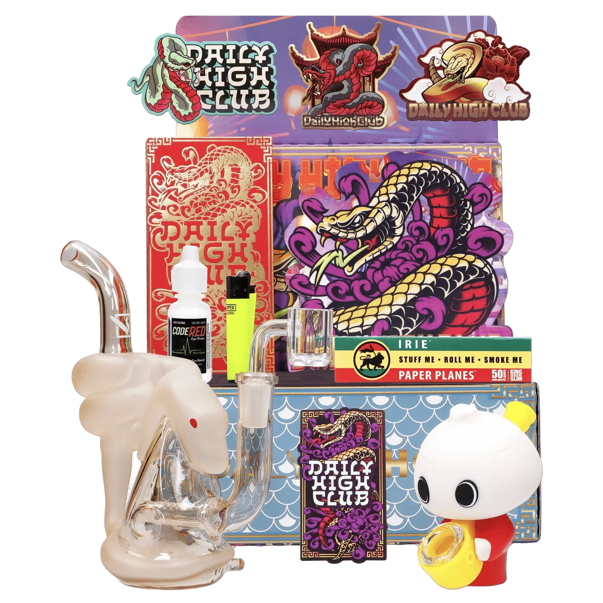 Front view of the “Year of the Snake” Smoking Box with vibrant red and gold detailing, featuring a display of smoking accessories.