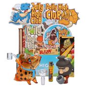 Front-facing assortment of colorful cartoon stickers, glass pieces, and rolling papers arranged against a blue backdrop featuring the "Stoner Age" Smoking Box.