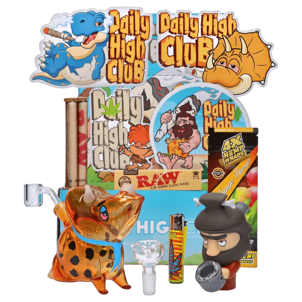 Front-facing assortment of colorful cartoon stickers, glass pieces, and rolling papers arranged against a blue backdrop featuring the "Stoner Age" Smoking Box.