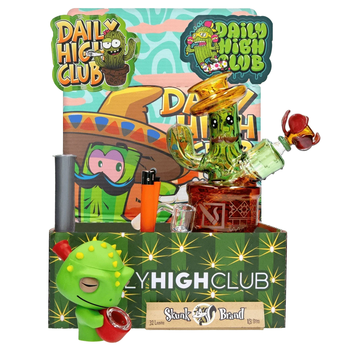 Front three-quarter view of the "Dank Desert" Smoking Box showing a green cactus-shaped glass piece with a brown base and colorful branded backdrop.