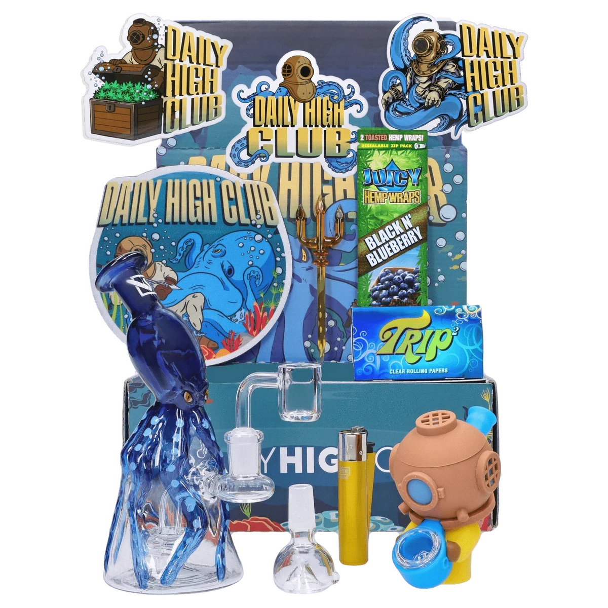 Front view of the "Deep Sea Adventure" Smoking Box display with octopus-themed blue glassware, trident sticker art, and accessory packaging.