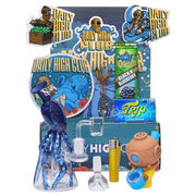 Front view of the "Deep Sea Adventure" Smoking Box display with octopus-themed blue glassware, trident sticker art, and accessory packaging.